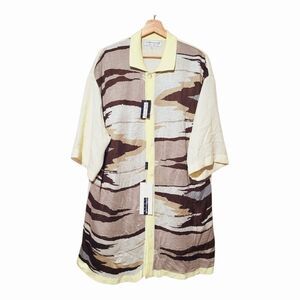 Silversilk Luxe Cream‎ & Brown Linen Blend Knit Button-Up Cardigan Unisex L- XL